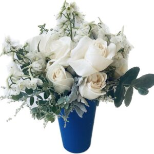 11 roses and delphinium in 180Hx100W vase