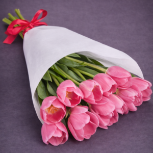 Pink Tulip Bouquet with Red Ribbon –
