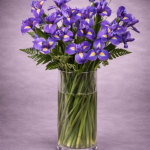 Purple Irises in Glass Vase –