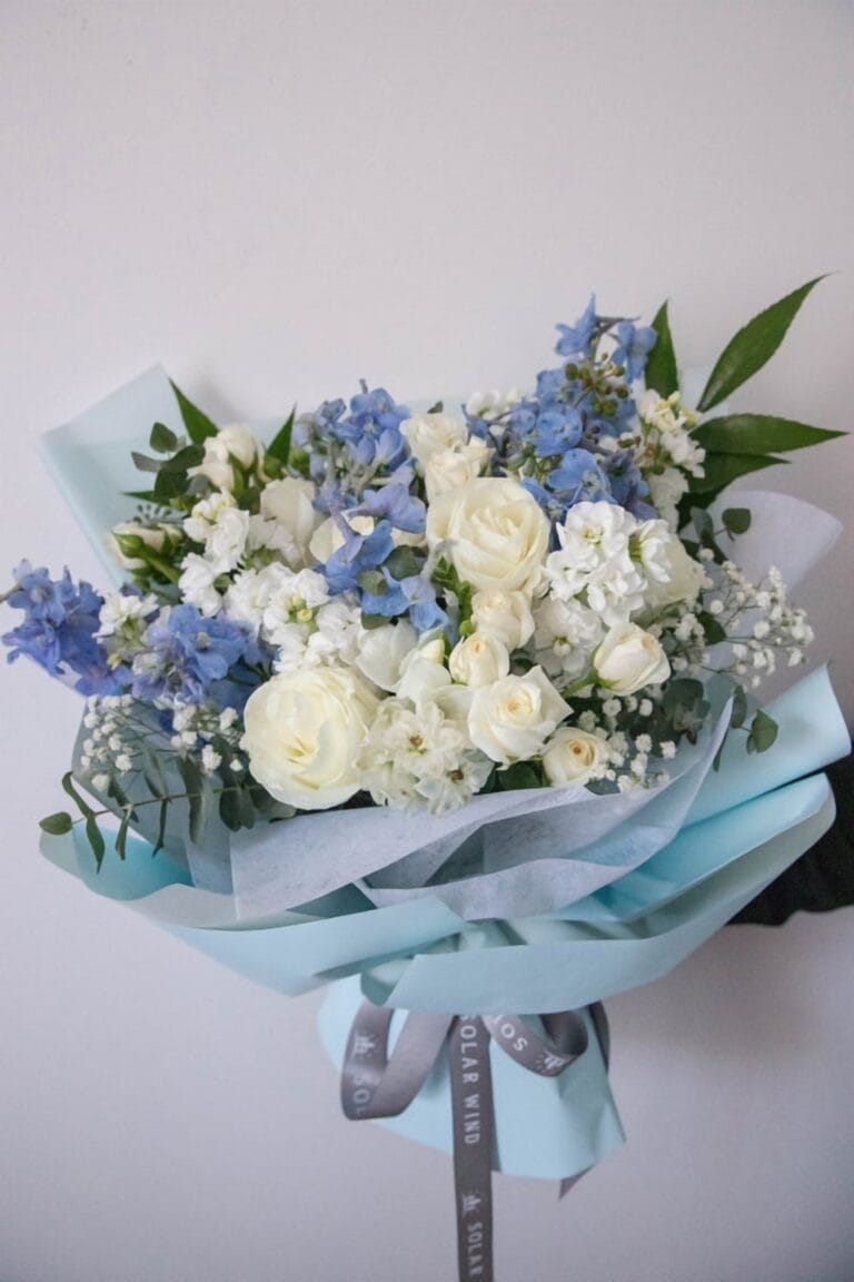 Blue Angel – Blue Hydrangea & White Rose Bouquet delivered to Surry Hills by Iris Florist