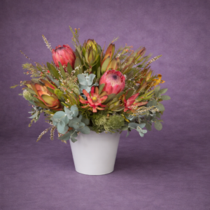 Vibrant Protea Bouquet in Ceramic Vase –